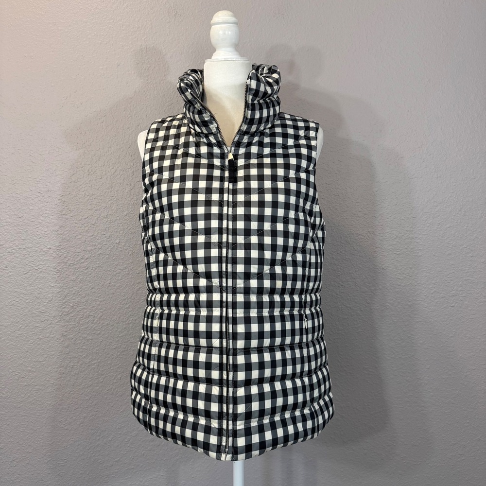 Talbots Women's Size M Black and White Gingham Quilted Down-Fill Puffer Vest